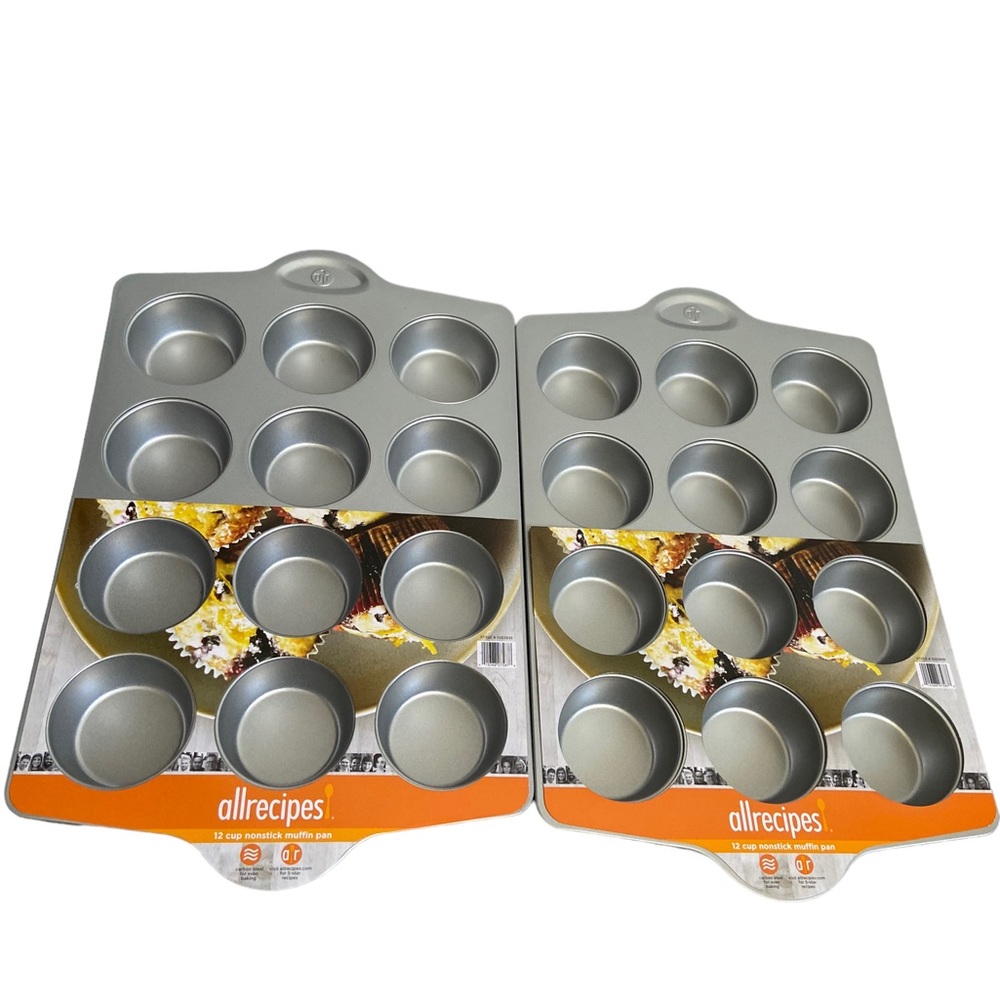 Lot Of 2 - 12 Cup Nonstick Carbon Steel Standard Muffin Baking Pan Silver